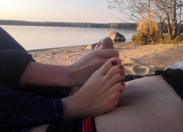 Public Footjob And Socksjob On The Beach