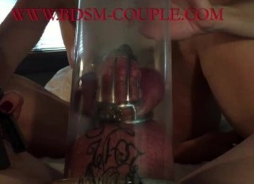 Miss M. PUMPS Her Slave's COCK And BALLS While He Is CAGED!