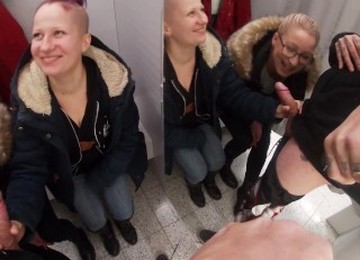 Public Double Blowjob: Mouthful Of Salty Meatballs