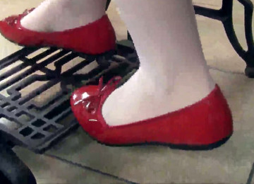 Pretty Brunette Chick Petra Wears Red Flats While Working With Sewing Machine