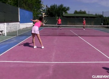 Amazing Foursome Game With Brunettes On A Tennis Court