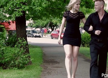 Fantastic Blondie In Black Dress Hooks Up With A Guy And Goes With Him
