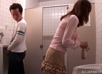 Cute Asian Babe Gets A Ride In The Uni Sex Toilets