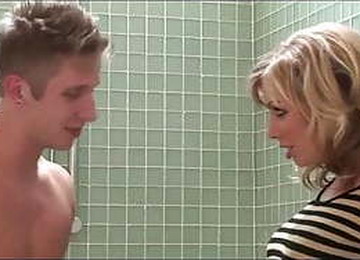 Blonde Milf Fucks Two Guys Under The Shower