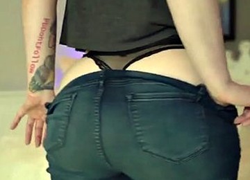 Pawg With Enhanced Booty In Blue Jeans Strips & Shows Her Ass Hole Before She Twerks & Claps Her Bare Booty Cheeks