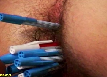 Skinny Redhead Babes Hairy Bush Asshole Gets Toyed With Pens And Deep Fucked