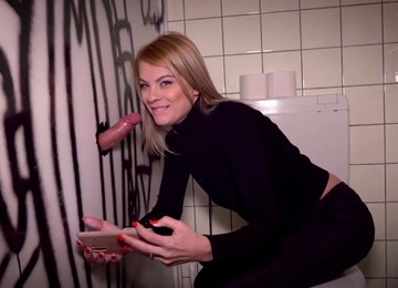 Hot Blonde Horny Wife Her First Glory Hole In A Public Toilet