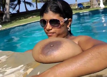 Krissy Pool Fun - Black Monster Boobs Solo Outdoors