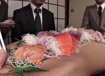 Japanese Diva Ramu Nagatsuki Is Used As A Food Plate On Dinner