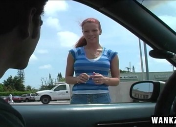 Crazy Redhead Brandi Mae Gives Head In The Back Of A Car