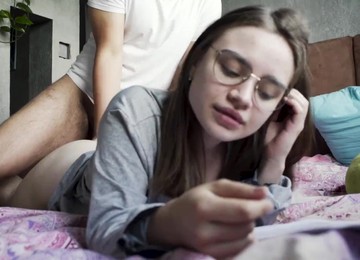 Russian Nerdy Girl Gets Prone Boned While Working On The Bed