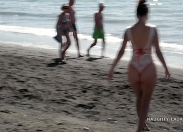 Naughty Russian MILF In Spain At The Beach In See Thru Swimsuit - After Beach - Public