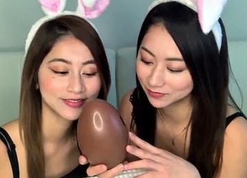 Japanese Twins Licking Chocolate Egg ASMR