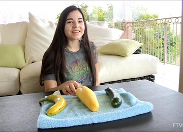 Naughty Chick Pleasures Her Pussy With A Banana And A Cucumber